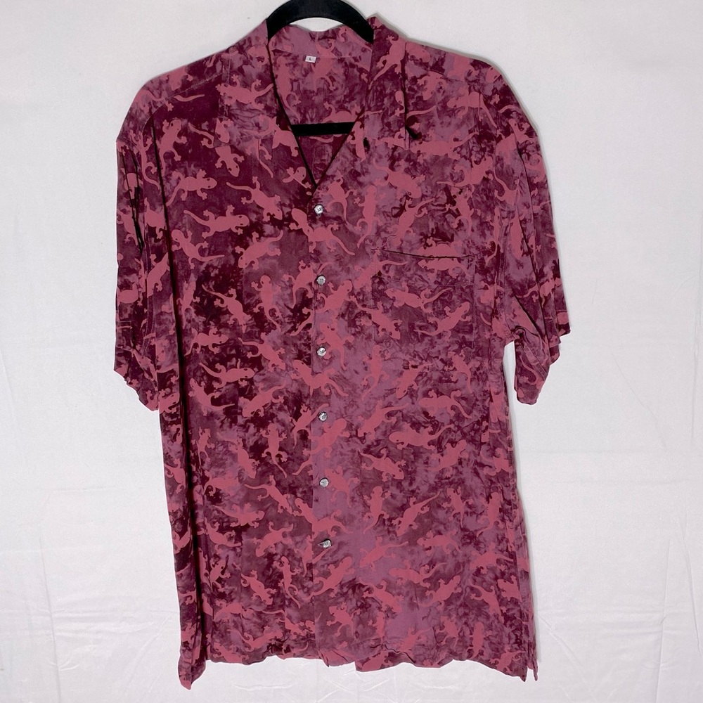 Burgundy Tie Dye Reptile Lizard Print Casual Short Sleeve Button Up Shirt L